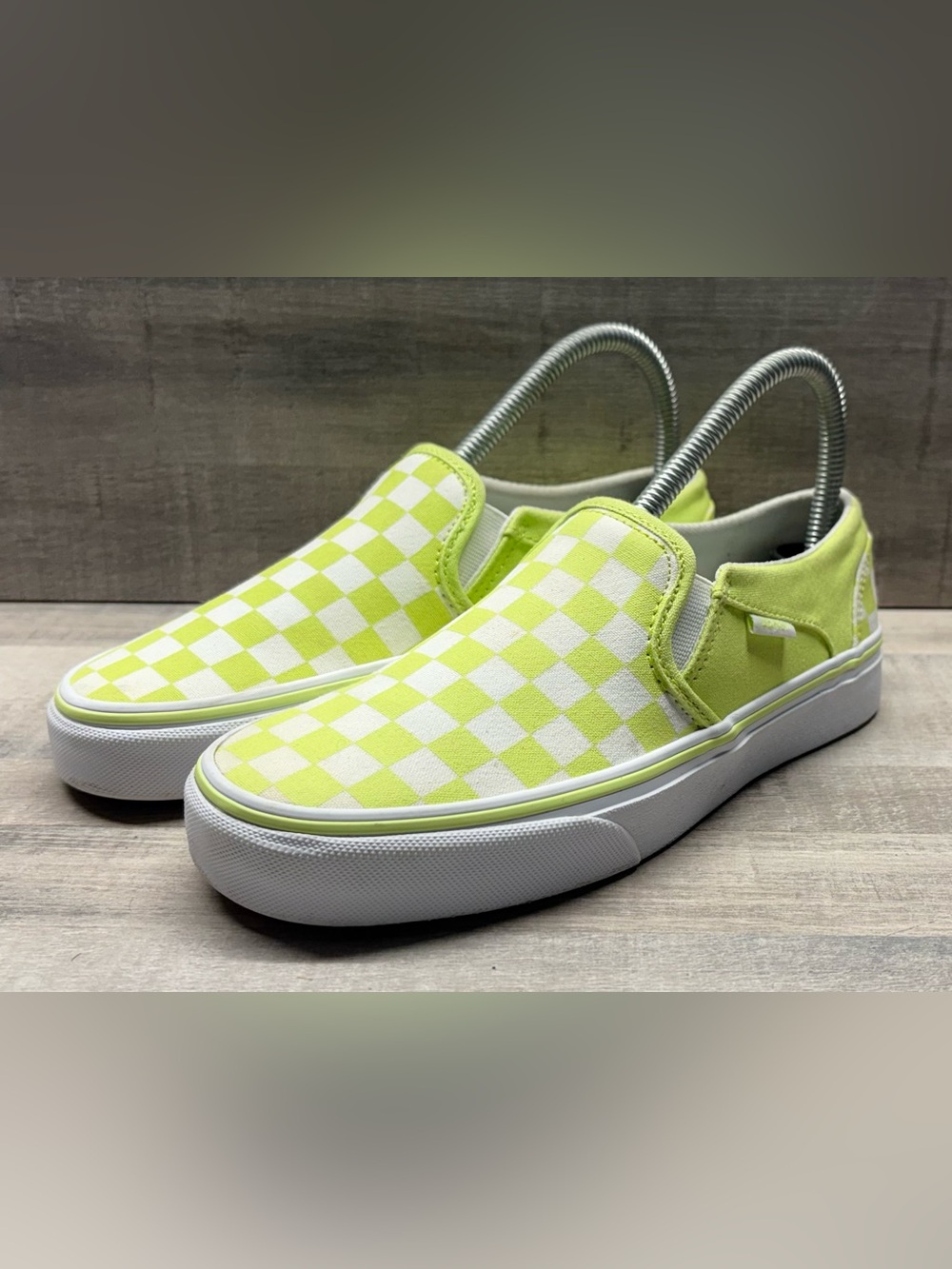 Vans Classic Slip-On Neon Lime Green White Checkerboard Women’s Size 6.5